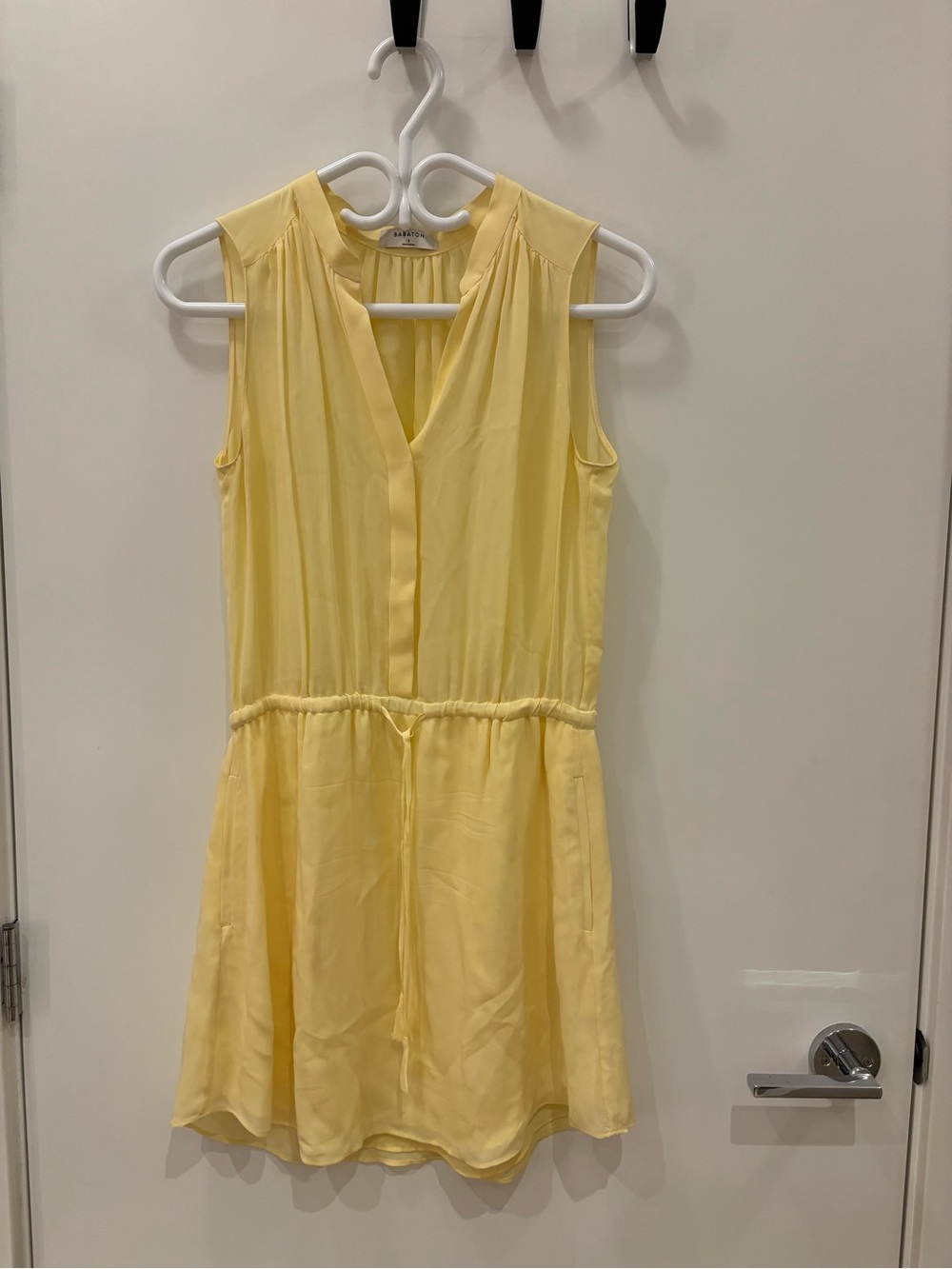 Babaton Pale Yellow Sleeveless V-Neck Drawstring Mini Dress